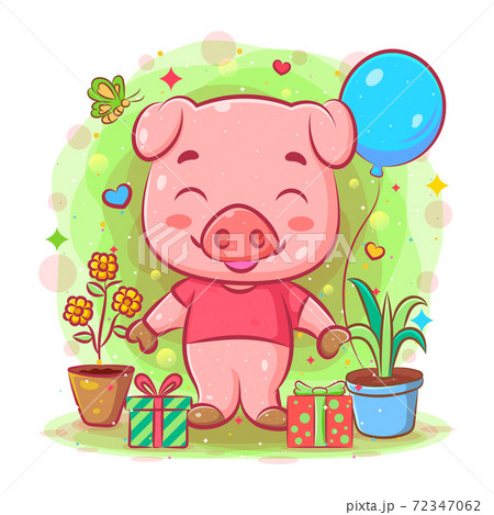 The little pink pig stands near the gift and plants The little pink pig stands near the gift and plants 72347062