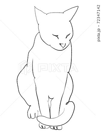 尾を巻いて座る猫 手描き風線画のイラスト素材