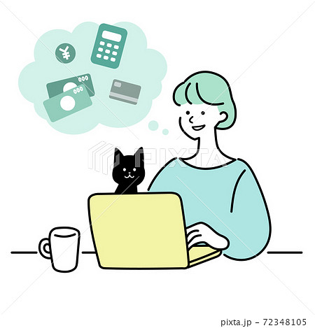 お金のことを考える女性とそれを見守るネコのイラスト 72348105