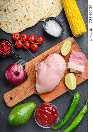 Ingredients for Mexican tacos with chicken meat, 72349554