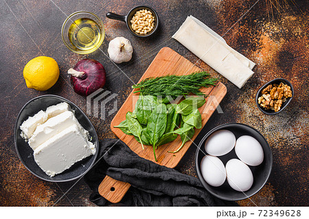 Traditional greek spanakopita ingredients filo 72349628
