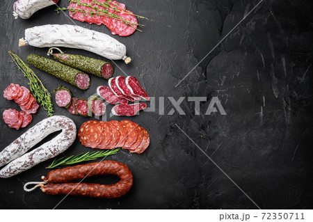Set of dry cured salami, spanish sausages, slices 72350711