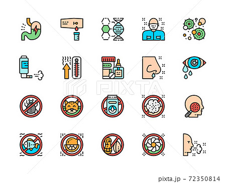 Set of Allergy Flat Color Line Icons. Patient, Thermometer, Microbes and more Set of Allergy Flat Color Line Icons. Patient, Thermometer, Microbes and more 72350814
