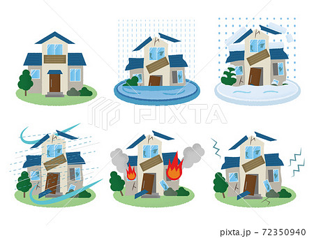 災害に遭う住宅のベクターイラストセット 水害 雪害 台風 火災 地震のイラスト素材