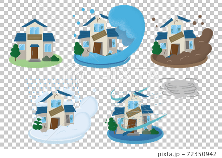 災害に遭う住宅のベクターイラストセット　水害・土砂災害・雪崩・台風 72350942