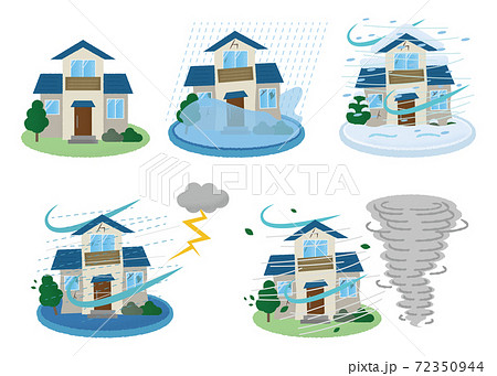 災害に遭う住宅のベクターイラストセット 水害 雪害 雷雨 竜巻のイラスト素材