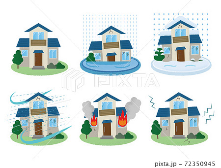 災害に遭う住宅のベクターイラストセット 水害 雪害 台風 火災 地震のイラスト素材
