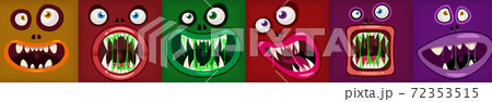 Set Monsters mouths creepy and scary Halloween. Funny jaws teeths tongue creatures expression monster horror drool slime. Vector isolated illustration cartoon style 72353515