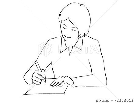 手紙を書く女性 手描き風線画のイラスト素材
