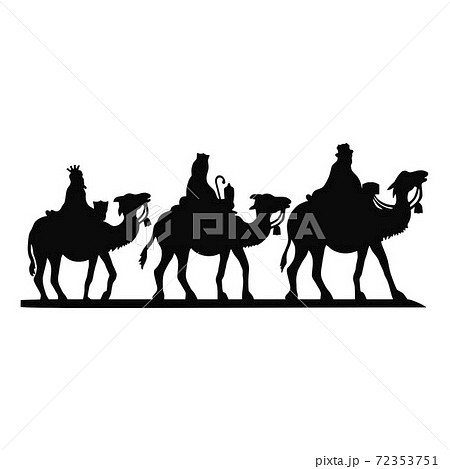 Holy Night silhouette - Nativity scene of baby Jesus silhouette in a manger with Mary and Joseph with the three wise men. Christian Christmas silhouette of animals. Illustration for children. 72353751