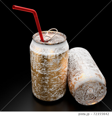 Gold frozen aluminum beer or soda cans with red straw isolated on black. 72355642