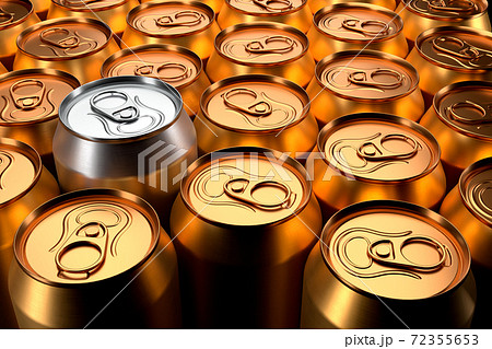 Unique silver can among group of golden recyclable cans cans. View from above Unique silver can among group of golden recyclable cans cans. View from above 72355653