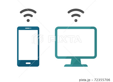 スマホとpcの共有のイラストセット 通信 スマートフォン パソコン Wi Fi ワイヤレス 無線のイラスト素材