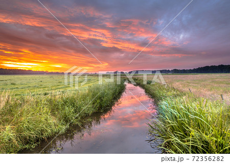 Warm colored summer sunrise over lowland river Warm colored summer sunrise over lowland river 72356282