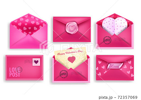 Valentines Day love letters set with pink opened, closed holiday envelopes, heart-shaped postcards Valentines Day love letters set with pink opened, closed holiday envelopes, heart-shaped postcards 72357069