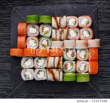 Japanese sushi set. Various types of roles on Japanese sushi set. Various types of roles on 72357488