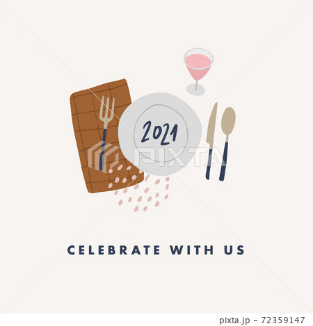 Happy New Year 2021 greeting card. Festive table setting. Holiday party invitation. Vector illustration background. Glass of wine, plate and kitchen utensils. Celebration concept, top view, flat lay. 72359147