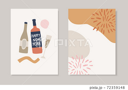 Set of hand drawn Happy New Year greeting cards. Holiday party invitations. Vector illustrations. Wine, champagne bottles, glass with lettering. Abstract geometric background with fireworks template. 72359148
