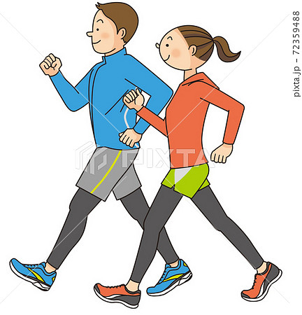 ウォーキングする若い男女 72359488