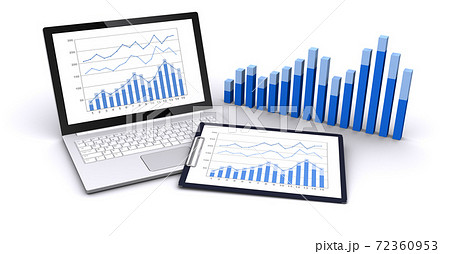 ノートパソコン クリップボード ビジネス資料 立体グラフのイラスト素材