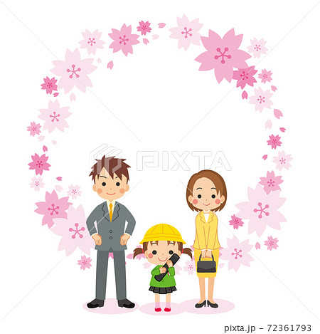 家族で卒園式に参列する可愛い女の子のイラスト 親子 桜フレームのイラスト素材