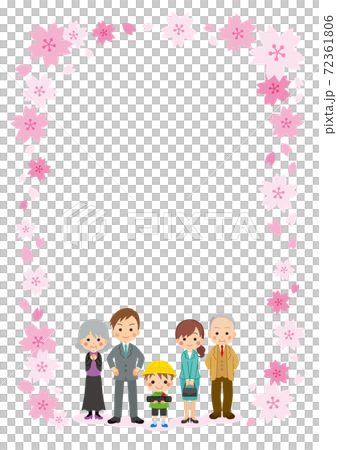 家族で卒園式に参列する可愛い男の子のイラスト 三世代 桜フレームのイラスト素材