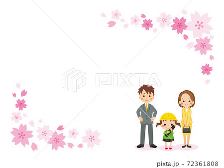 家族で卒園式に参列する可愛い女の子のイラスト 親子 桜フレームのイラスト素材
