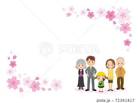 家族で卒園式に参列する可愛い女の子のイラスト 三世代 桜フレームのイラスト素材