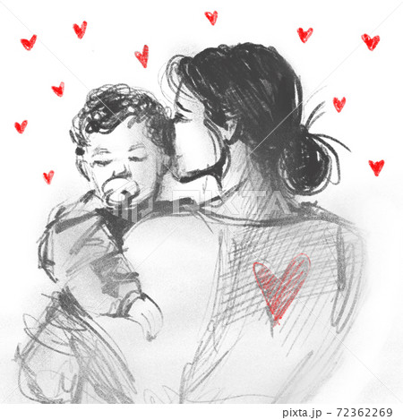 Mother and baby on hearts background pencil hand sketch. Mothers day design 72362269