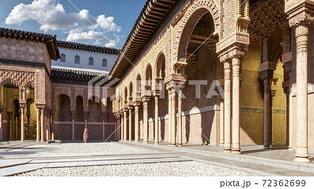 Eastern architecture with large arches. Moroccan style in architecture. Oriental style interior. 3d illustration Eastern architecture with large arches. Moroccan style in architecture. Oriental style interior. 3d illustration 72362699
