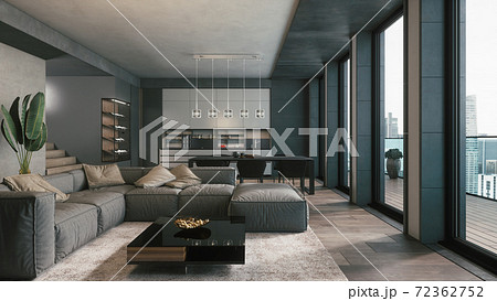 Modern living room with kitchen Modern living room with kitchen 72362752
