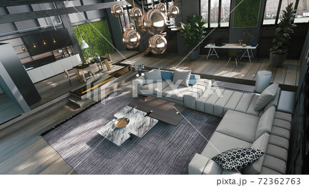 Living room interior. Loft style in interior. 3d illustration Living room interior. Loft style in interior. 3d illustration 72362763