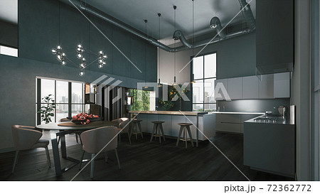Modern kitchen studio. Dark grey interior. Modern kitchen studio. Dark grey interior. 72362772