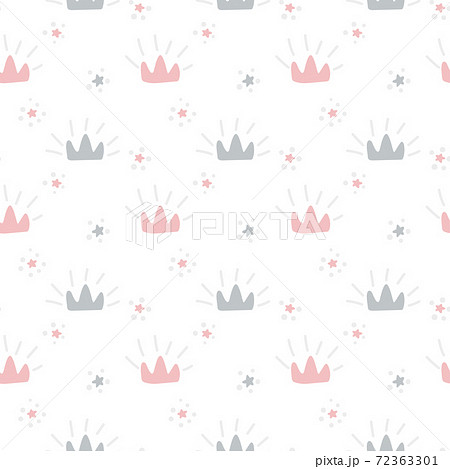 Vector seamless retro pattern with pink and gray crowns. scandinavian style isolated on white background for kids. Hand drawn cartoon illustration for posters, prints, cards, fabric, children books 72363301