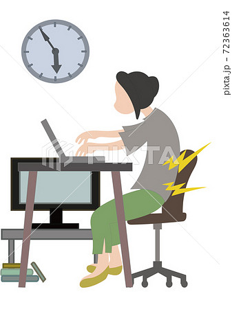 在宅ワークで長時間猫背の姿勢でパソコン作業したため 腰痛がひどい女性のイラストのイラスト素材