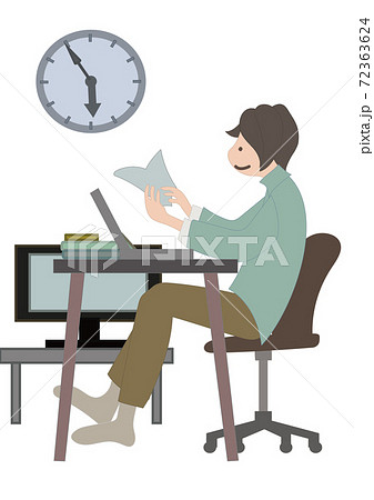 在宅ワークでつい 仕事をサボって本を読む男性のイラスト 表情あり のイラスト素材