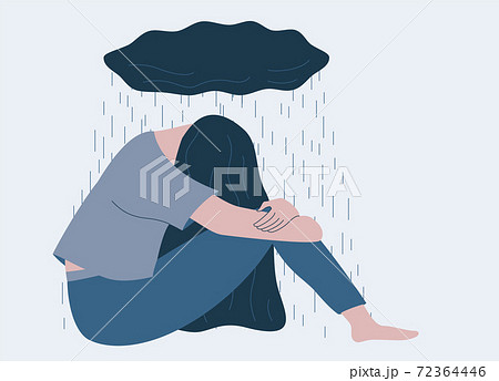 Unhappy girl sitting and dark cloud above her 72364446