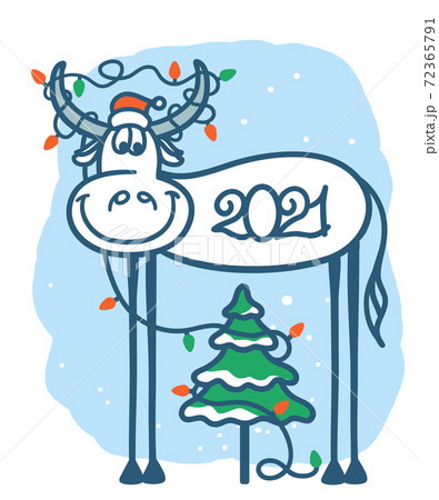 Cute cartoon bull and christmas tree with winter holiday lights decoration. Vector color handdrawn graphic ilustration of symbol of New Year isolated Cute cartoon bull and christmas tree with winter holiday lights decoration. Vector color handdrawn graphic ilustration of symbol of New Year isolated 72365791