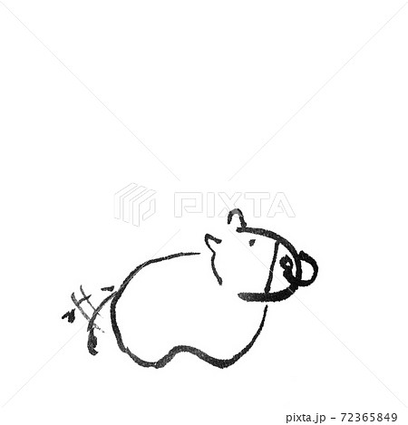 かわいい 丑年 イラスト 手書き 筆 年賀状素材 線画 張り子 白黒 白バック コピースペースのイラスト素材