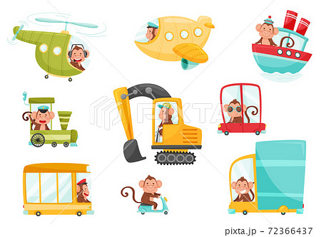 Funny Monkey with Protruding Ears Driving Bus and Sailing Boat Vector Set Funny Monkey with Protruding Ears Driving Bus and Sailing Boat Vector Set 72366437