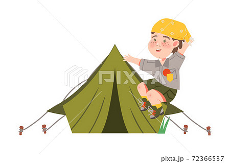 Freckled Boy Junior Scout Jumping with Joy Near Tent Vector Illustration 72366537