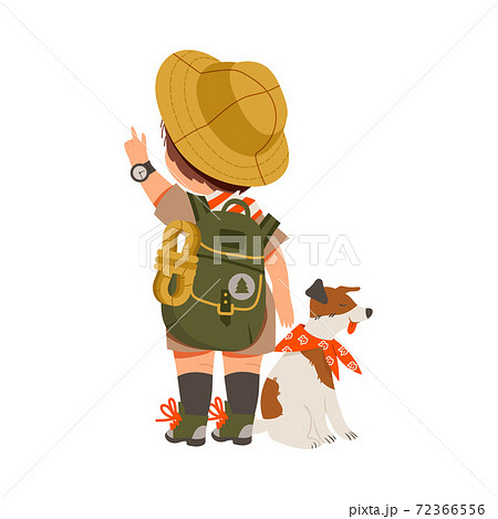 Cute Boy with Backpack as Junior Scout with Dog Pointing Finger Vector Illustration 72366556