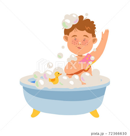Cute Freckled Boy Sitting in Bathtub and Bathing with Soap Vector Illustration 72366630