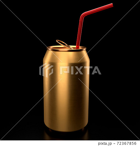 Gold aluminum beer or soda can with red straw isolated on black background. 72367856