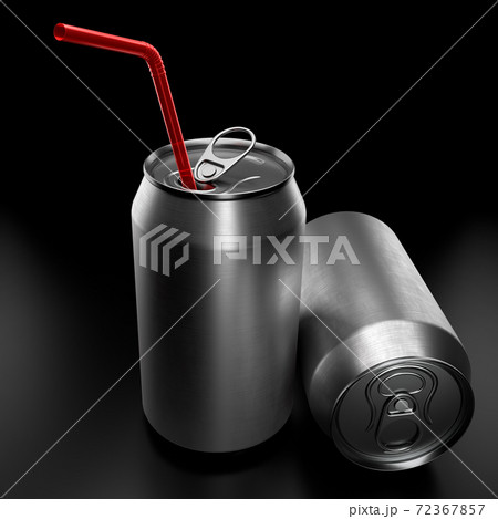 Silver aluminum beer or soda cans with red straw isolated on black background 72367857