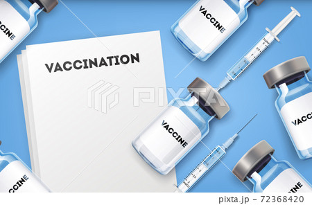 Vaccination background template. Vaccine shot, syringe injection and empty blank prescription paper with vaccination text for covid-19 coronavirus immunization and prescription, vector. Vaccination background template. Vaccine shot, syringe injection and empty blank prescription paper with vaccination text for covid-19 coronavirus immunization and prescription, vector. 72368420