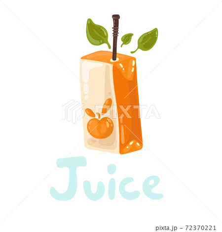 Cartoon cardboard package for natural juice concept. Juice pack with organic fruits. Brown straw, peach and green leaves. Text Juice. Fruit juicy beverage isolated icons. Cooking products 72370221