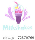 Colorful fruit milkshake design. Plastic cup with lid and straw, full of pink milky drink with splashes. Whipped milkshake with syrup. Vector illustration cartoon flat icon isolated on white. 72370769