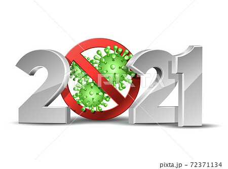 Happy New Year 2021 number with coronavirus COVID-19 epidemic stop sign. 72371134