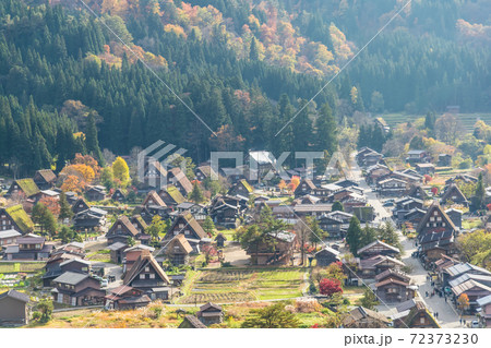 【紅葉の白川郷　天守閣展望台からの合掌造り集落 】 72373230
